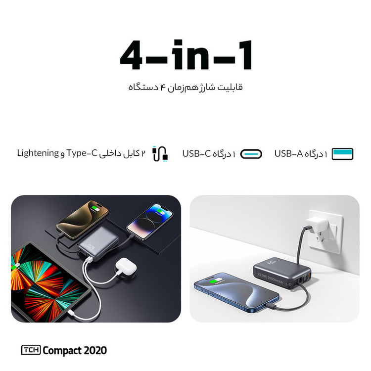 پاوربانک 22.5 وات تی سی اچ مدل Compact 2020 ظرفیت 20000 میلیآمپرساعت به همراه 2 عدد کابل USB-C / لایتنینگ
