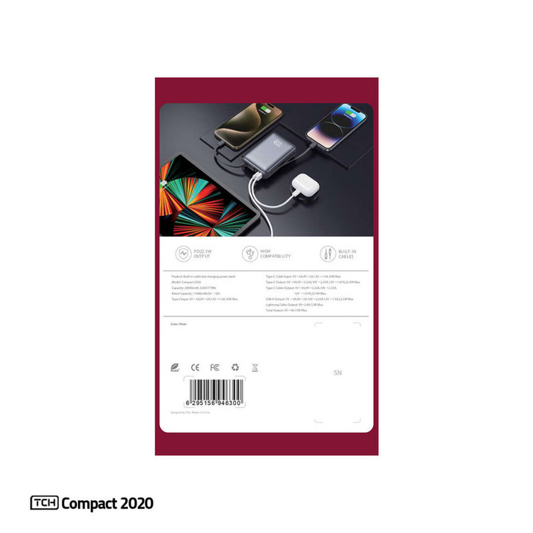 پاوربانک 22.5 وات تی سی اچ مدل Compact 2020 ظرفیت 20000 میلیآمپرساعت به همراه 2 عدد کابل USB-C / لایتنینگ